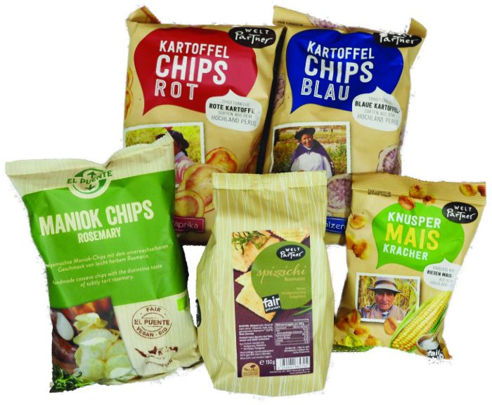 Verschiedenes Salzgebäck und Chips von El Puente und WeltPartner