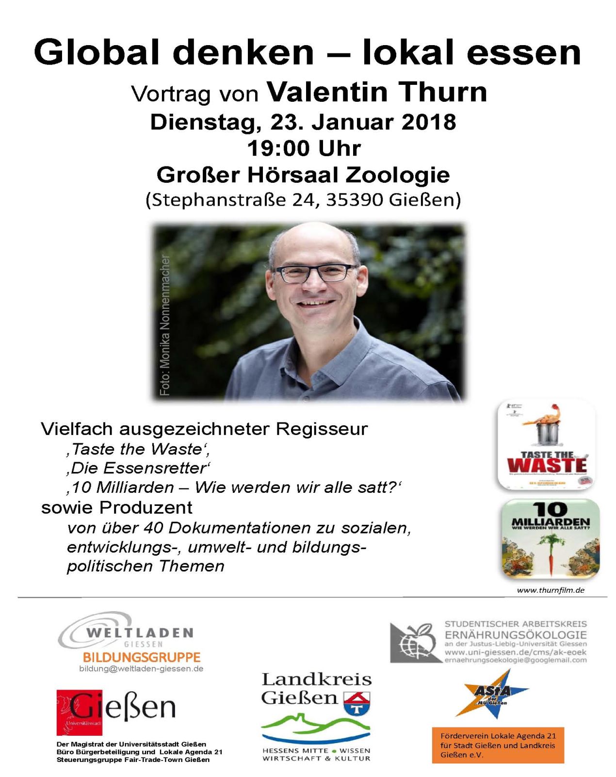 Plakat Global denken - lokal essen. Ein Vortrag mit Valentin Thurn
